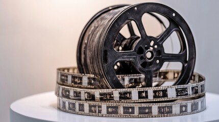 Fototapeta premium Vintage film reel and celluloid film strip evoking cinematic nostalgia
