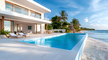 Fototapeta premium Luxury minimalist beach villa with seamless pool overlooking the ocean maldives real estate photography serene environment wide angle view coastal living