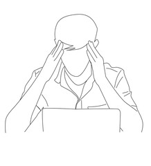 line drawing Professional burnout syndrome exhausted man tired sitting at her workplace in office holding her head