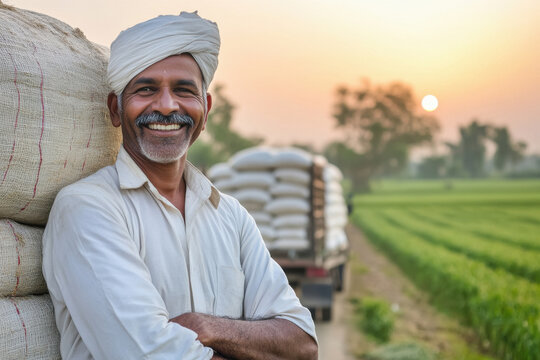 happy indian farmer standing with tractor