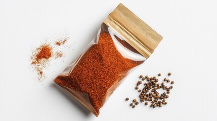 Spice pouch with powder and peppercorns on white background. Generative AI
