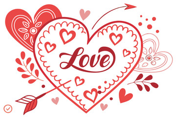 Romantic Valentine Hearts Design with Love Lettering and Floral Elements