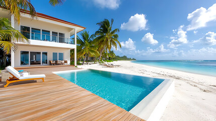 Serene coastal retreat with wooden deck beachfront paradise luxury home tropical environment panoramic view contemporary design