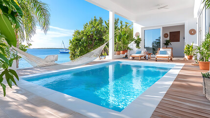 Fototapeta premium Relaxing coastal pool villa with hammock and sea view tropical retreat luxury lifestyle sunny environment serene viewpoint