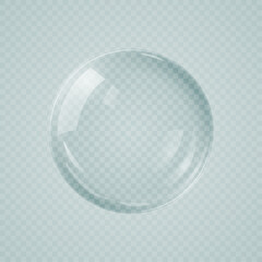 Glass transparent ball with glare and highlights in realistic 3D style, glossy volumetric sphere or circle with pearl effect. Vector 3D illustration.