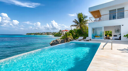 Fototapeta premium Luxury beach house retreat with open deck and pool overlooking the ocean aesanaspik stunning coastal living experience