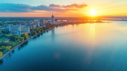 Fototapeta premium Aerial view of a city skyline at sunset, with a body of water in the foreground. Warm sunset colors dominate the scene.