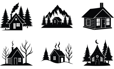 Fototapeta premium Traditional Cabin And Cottage Style House Collection – Cultural Architecture and Vintage Home Silhouette Vector Illustrations 