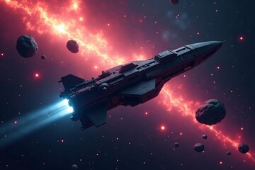 Fototapeta premium Massive spacecraft surrounded by glowing asteroids in cosmic nebula, majestic, exploration