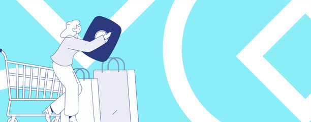 Holiday shopping people doing e-commerce online shopping flat vector concept operation hand drawn illustration
