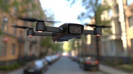 Black drone in flight above a blurred city street.