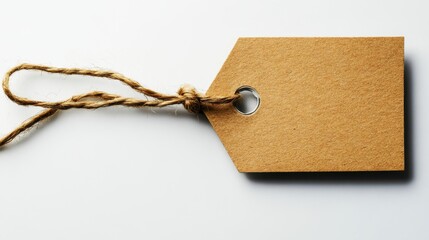 Blank brown kraft paper gift tag with a hole and twine, isolated on white background.