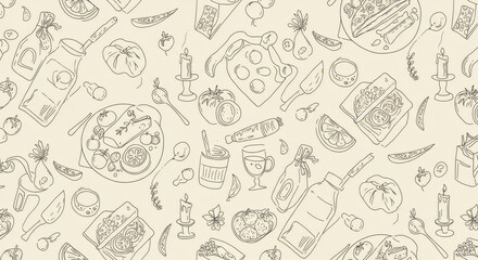 Contemporary minimalist line art seamless pattern with food, candles, drinks and decor doodles. Hand drawn dinner party background. Coquette ink menu texture. Vector graphic