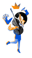 Cheerful female character with vinyl head and upright bass, holding mic and tambourine in...