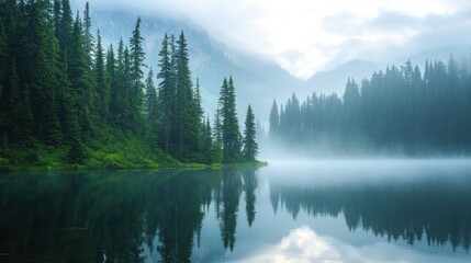 Fototapeta premium Misty Mountain Lake Serenity: A Breathtaking Reflection of Nature's Tranquility