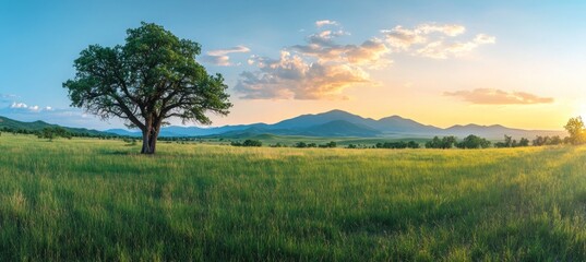 A large tree stands alone in a grassy meadow at sunset
