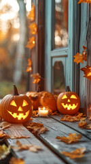 Obraz premium A wooden porch with a few pumpkins and leaves on it