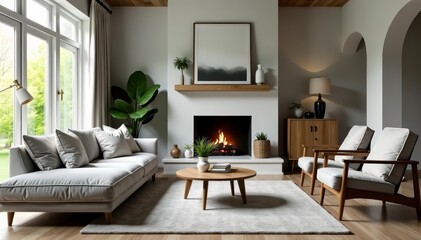 Fototapeta premium Modern cottage living room with grey velvet sofa, wood accents, cozy fireplace, cozy, sofa