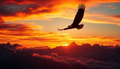 Majestic Eagle Soaring Above Fiery Sunset Mountains