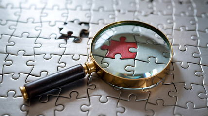 Magnifying Glass Focuses on Red Puzzle Piece Amidst Silver Jigsaw Conceptual Solution and Strategic Analysis