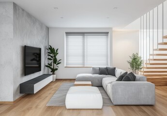 Fototapeta premium Modern Minimalist Living Room with Cozy Furniture and Natural Light