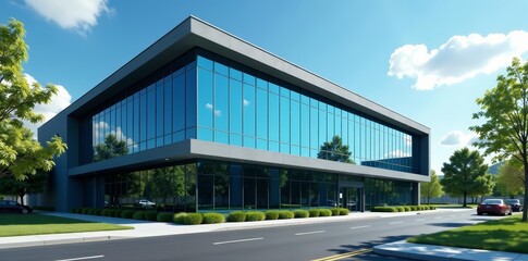 Modern glass office building with reflective tinted windows on a clear sunny day, urban, cityscape, skyscraper