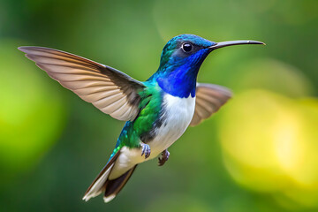 Close up of white necked jacobin wings and white tail dancing sprayed flying in air 