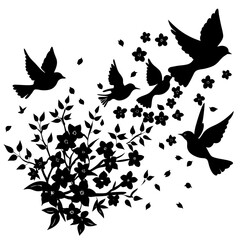Fototapeta premium Wings Over Wildflowers Vector | Nature-Inspired Bird and Floral Clipart Design
