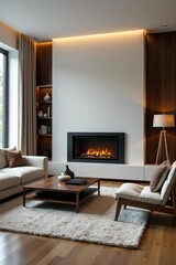 Fototapeta premium Modern living room with sleek furniture and cozy fireplace, stylish, design