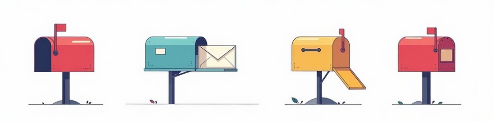 Modern mailbox and postbox icons in minimalist line design on white background, mail, letter