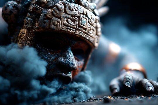 Tezcatlipoca emerging from dark smoke wears a jaguar cloak and golden mirror