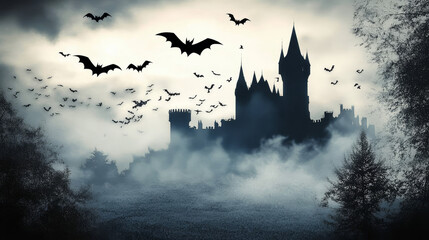 A castle is surrounded by a foggy forest and bats are flying around it