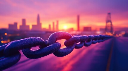 Close up of a dark chain at sunset with a city skyline in the background.