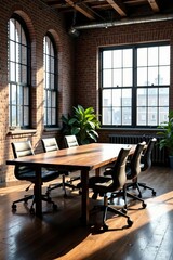 Obraz premium Modern wooden conference table and chairs in spacious industrial building with exposed brick walls and large windows, meeting, table, wooden
