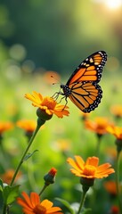 Obraz premium Monarch butterflies dancing around wildflowers in a sunny meadow, pollination, flutter