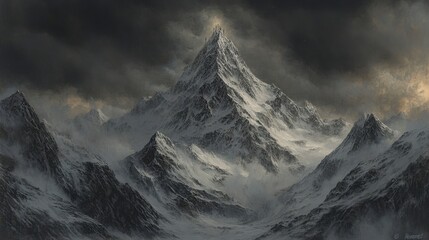 Majestic snow capped mountain peak shrouded in mist under a dramatic sky. 