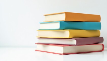 Neat stack of colorful books on plain white background, row, education