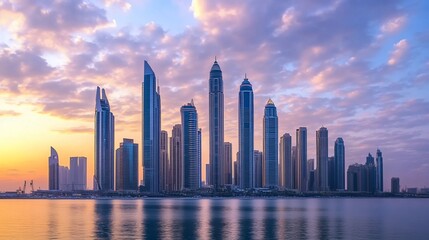 Obraz premium Majestic Dubai Skyline at Sunset Reflecting on Tranquil Waterscape View