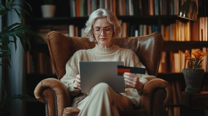 Elderly elegant woman shopping online, using laptop and holding credit card in hand, sitting in armchair against cozy room background. Black Friday shopping. Cyber Monday shopping
