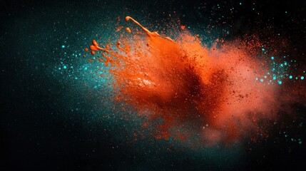 Exploding orange paint splash on black background with teal accents
