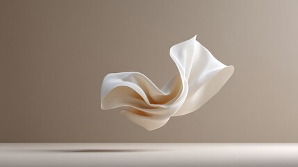 Floating silk fabric in soft beige color against a smooth background for design and creative concepts