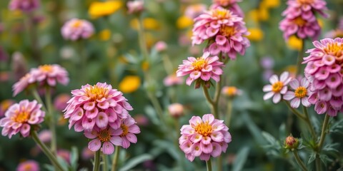 Pastel achillea blossoms in lush cottage garden, soft light, springtime, vibrant