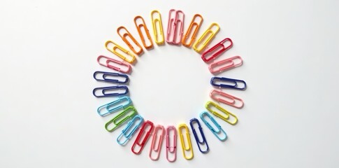 Paper clips arranged in circular shape resembling sun on white backdrop, origami, office supplies