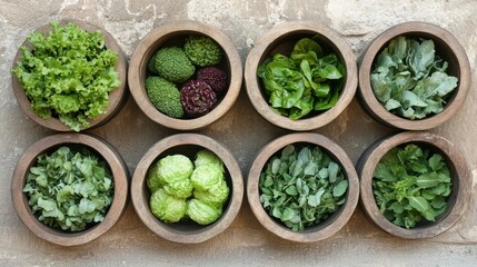 Obraz premium Overhead view of eight wooden bowls filled with various fresh green vegetables against a rustic stone wall background.