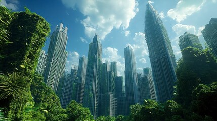 Obraz premium Lush green trees surround a futuristic cityscape of towering, pixelated structures under a bright, sunny sky.