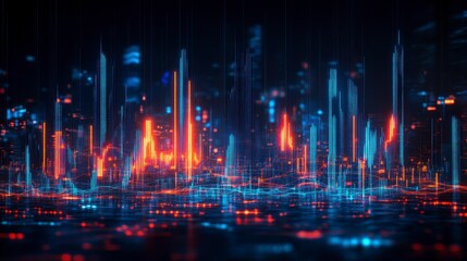 Obraz premium Futuristic cityscape at night with vibrant red, blue, and orange lights reflecting on water. Digital art style.