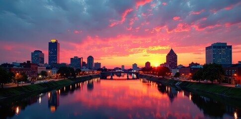 Fototapeta premium Downtown Louisville at sunset over the Ohio River, waterway, cityscape