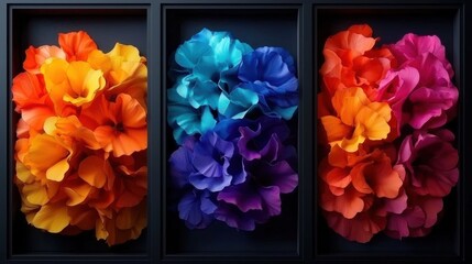 Colorful flower clusters in black boxes, abstract floral display, vibrant hues