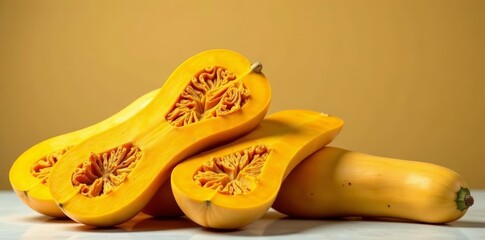 Pile of whole and halved butternut squashes on a clear backdrop, autumnal, diet