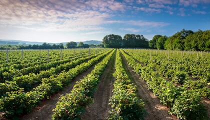 Naklejka premium Field of Organic Raspberry Plants Growing